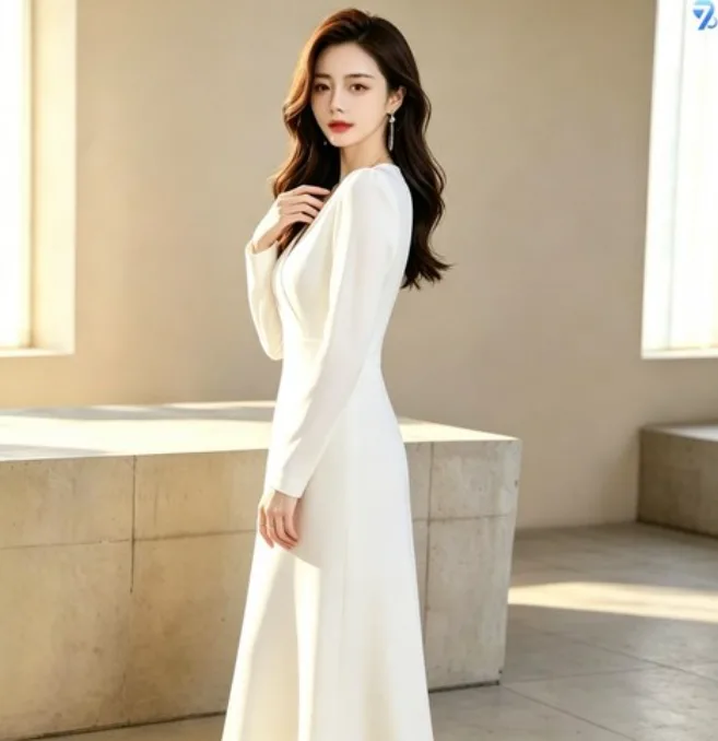 708090 여성용 가을 브이넥 랩디자인 롱 원피스 상품 이미지 2